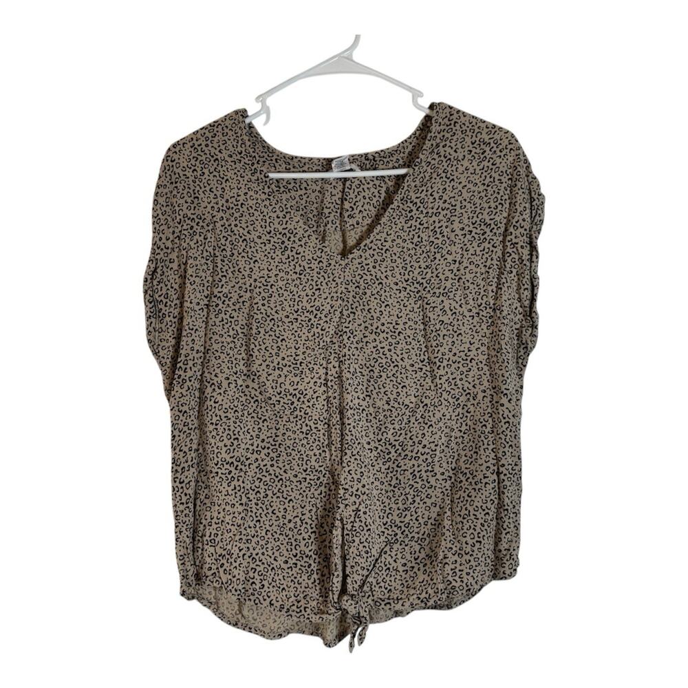 Japna Women’s Leopard Animal Print Short Sleeve Front Tie Bohemian Blouse Size M